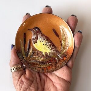 Vintage Mid Century Brotmans or Bovano Copper Enamel Cat Tails Bird Trinket Dish
